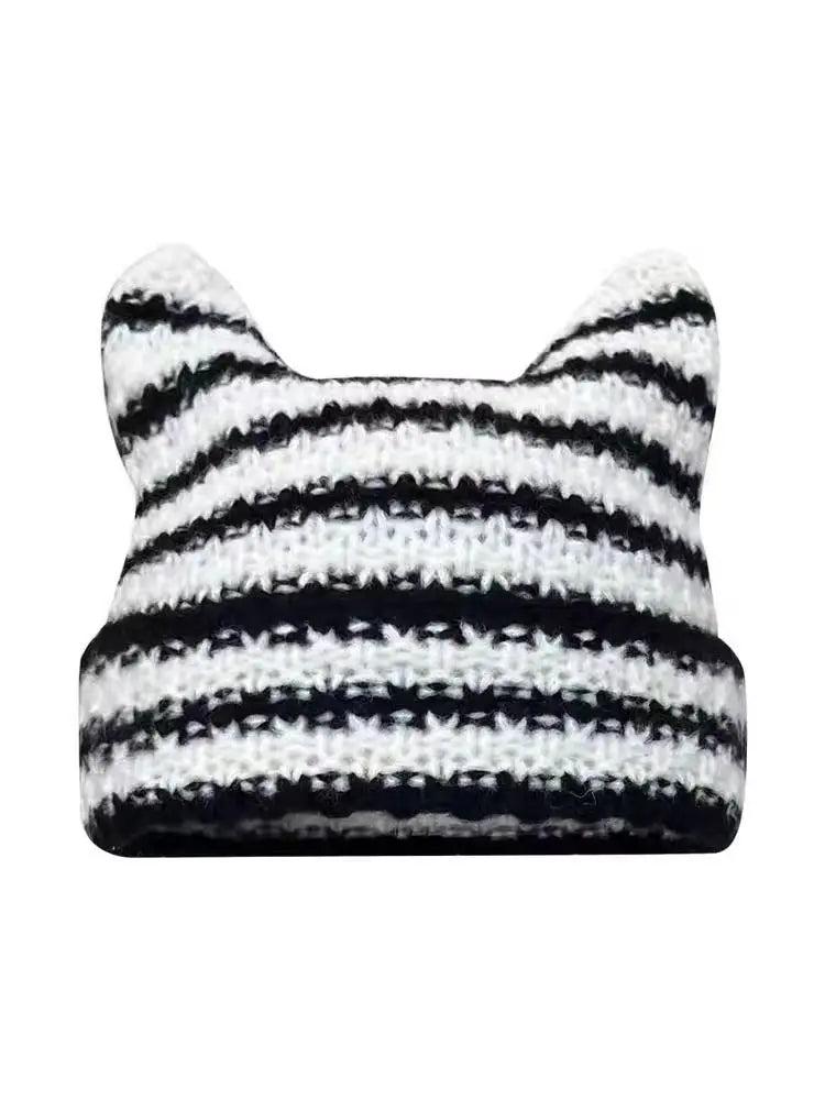 New Japanese Streetwear Harajuku Beanie Little Devil Striped Knitted Hat Women Girls Autumn Winter Cute Cat Ears Cap