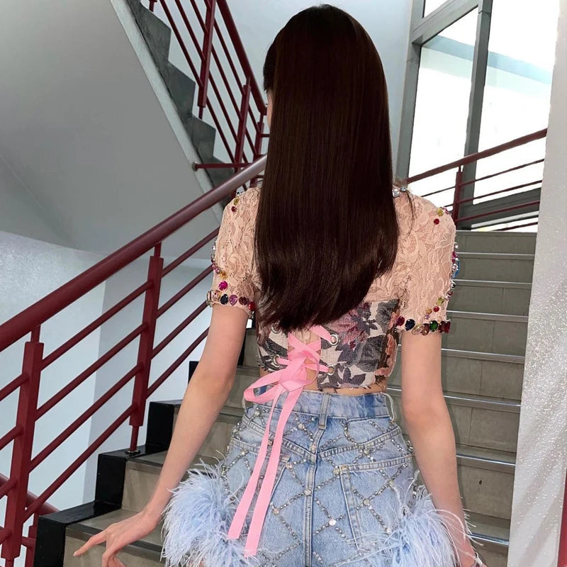 Rhinestone Crop Top & Feather Skirt Set | Inspired by Wonyoung