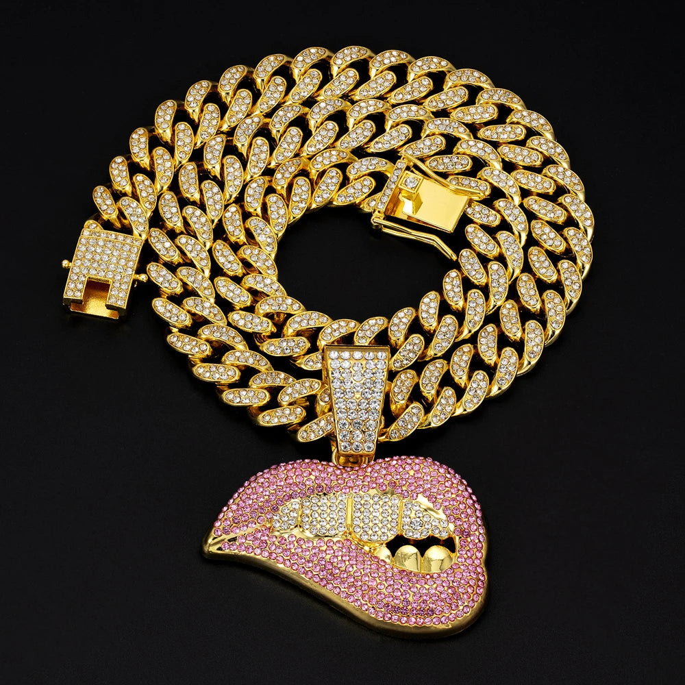 New Men Women Hip Hop Bite Lip Shape Pendant Necklace with 13mm Crystal Cuban Chain Iced Out Bling HipHop Necklace Charm Jewelry