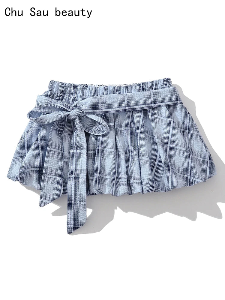 Chu Sau beauty Women New Fashion Sweet Plaid Chic Sashes Mini Skirt Sexy Elastic Low Waist Super Short Skirts A Line Skorts