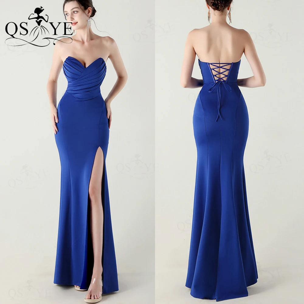 Off-Shoulder Ruched Bodice Mermaid Satin Floor-Length Prom Gown with Slit | Inspired by Beren Saat
