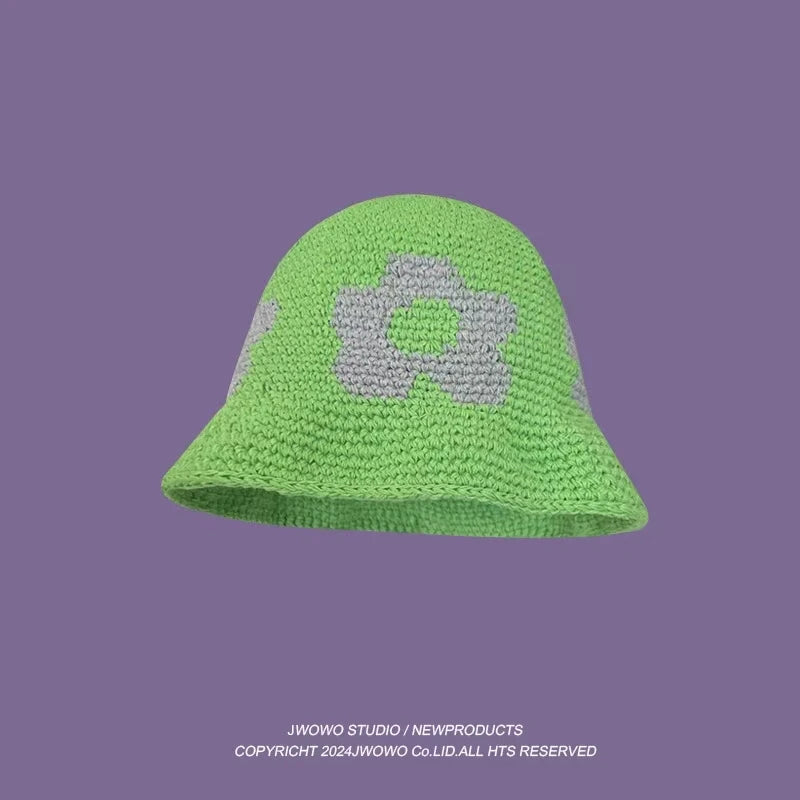 2023 Autumn New Crochet Korean Handmade Bucket Hat Women Weaving Knitted Hat  Fashion Flowers Autumn Winter Beanies Basin Cap