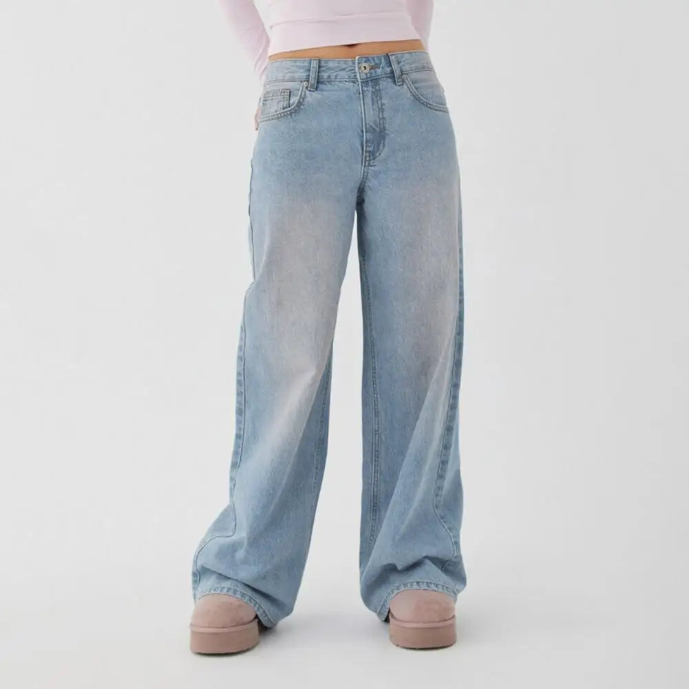 Classic Blue Jeans for Women Straight Leg Stretchy Denim Trousers Simple Design Retro Style Elastic Waist ﻿