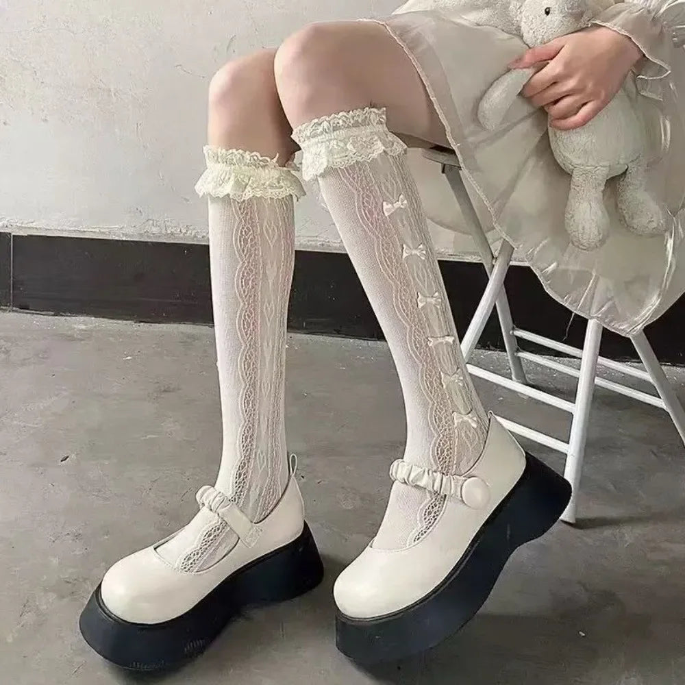 Sexy Solid Color Women's Stockings Lace Hollow out Pile Calf Socks Thin Korean Knee Highs Socks Girl Stockings