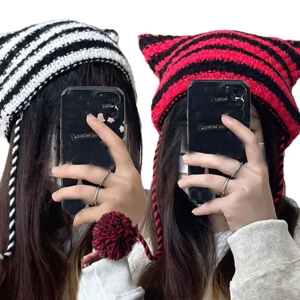 Fshion Y2K Knitting Striped Beanie Hat Cute Wool Hanging Ball Knitted Beanie Hat Cat Ears Pointed Pullover Hats Autumn Winter