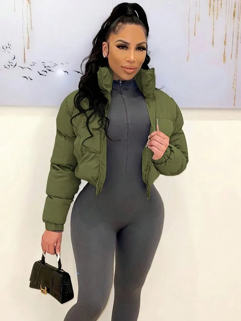 Women Solid Parkas Jackets Stand Collar Long Sleeve Zip-up Thick Warm Quilted Coats Fashion Casual Cotton Padded Outerwear
