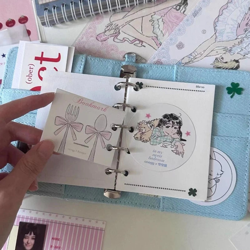 M5 Binder Kpop Photocard Holder Pink Blue Denim Heart Binder with Elastic Band Photo Card Collection Book Idol Photo Album  다이어리