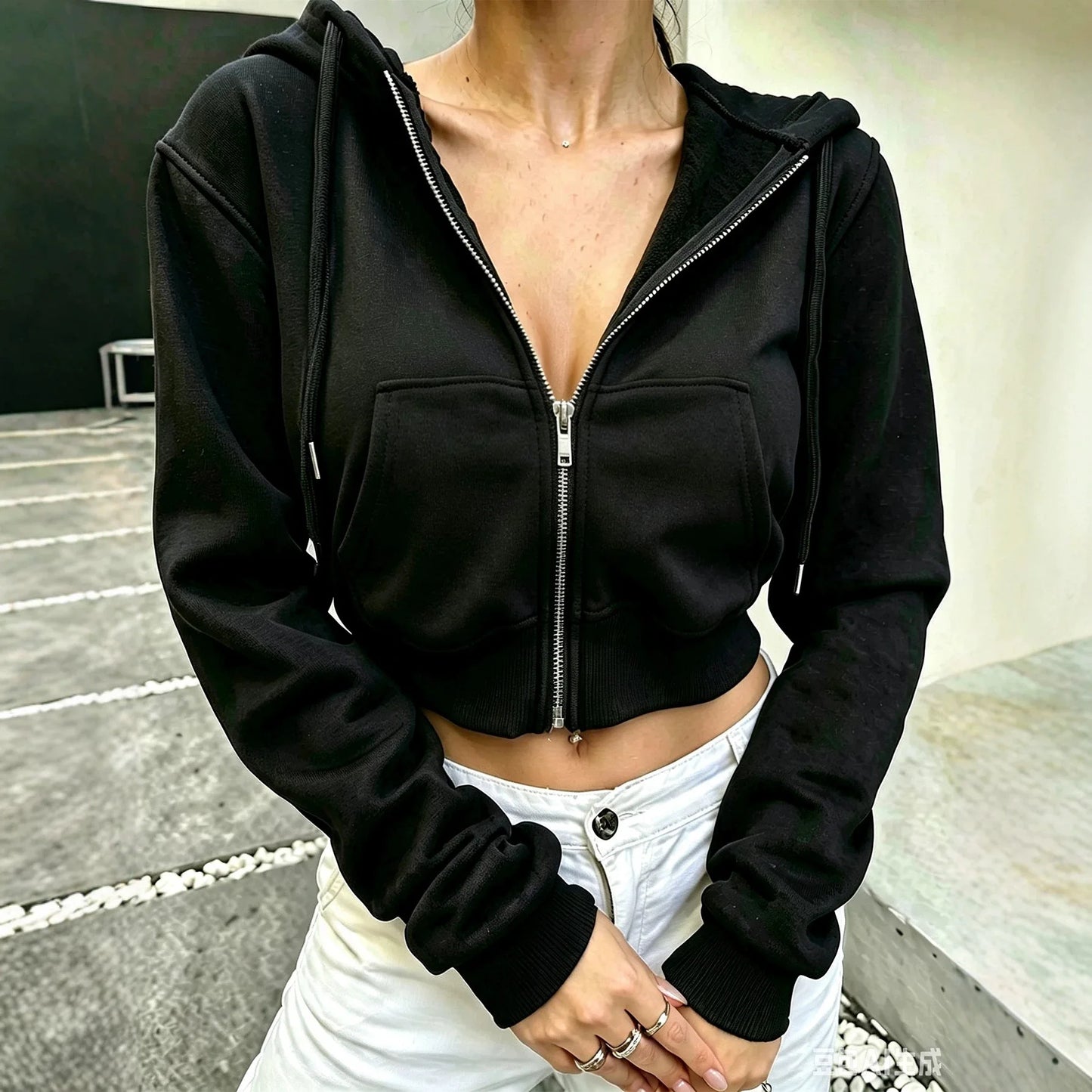 Spring Autumn Women's Zipper Long Sleeve Hooded Cardigan Loose Streetwear Short Sweatshirt Harajuku Y2K Crop Tops Outfit