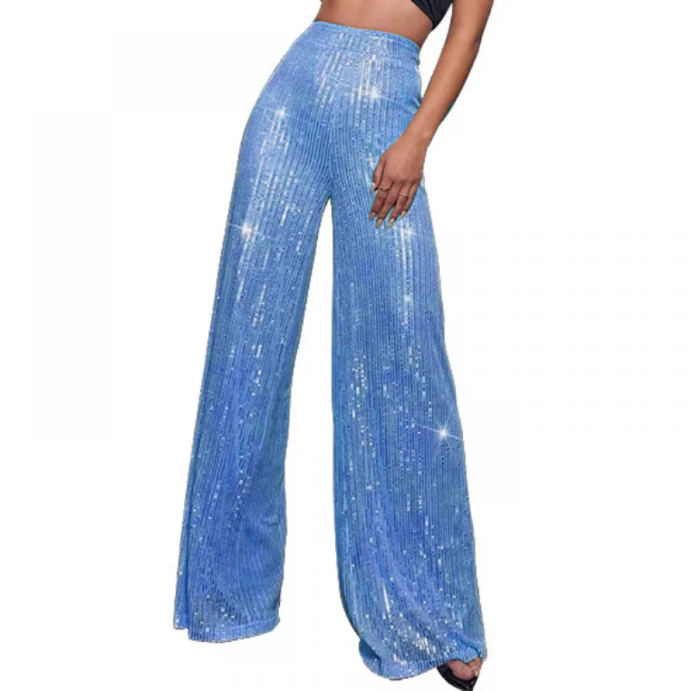 New Women Casual Sequin Sparkle Glitter Pants High Waist Flared Pants Elastic Loose Wide Disco Trousers Clubwear  Costumes