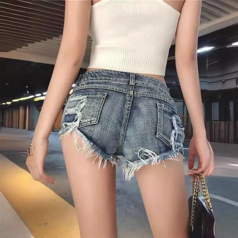 Sexy Low Rise Ripped Distressed Denim Shorts for Women, Bodycon High Waist Butt Lifting Nightclub Party Hot Pants