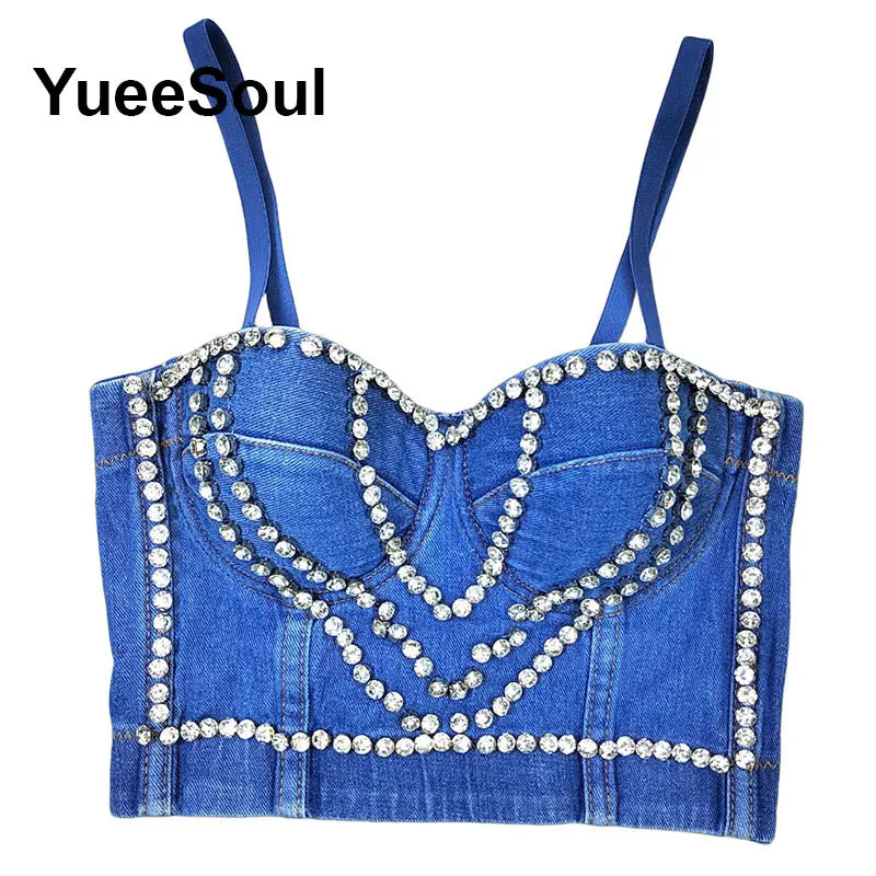 Denim Crop Tops Pearl Tassel Diamond Flower Blue Sleeveless Sexy Corset 2000s 2026 Summer New Y2K Party Evening Woman Clothes