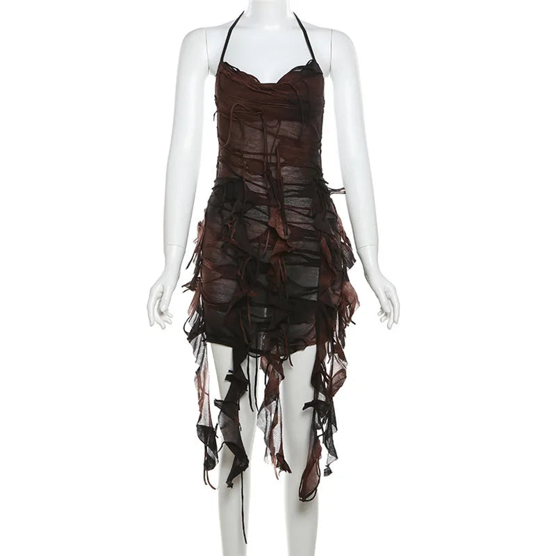 Tie-Dye Halter Tassel Ruched Backless Pleated Mini Dress | Inspired by Beren Saat