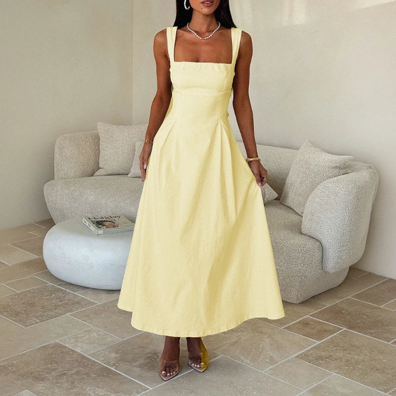 Square Collar Spaghetti Strap Backless Slim Maxi Dress | Inspired by Neslihan Atagül