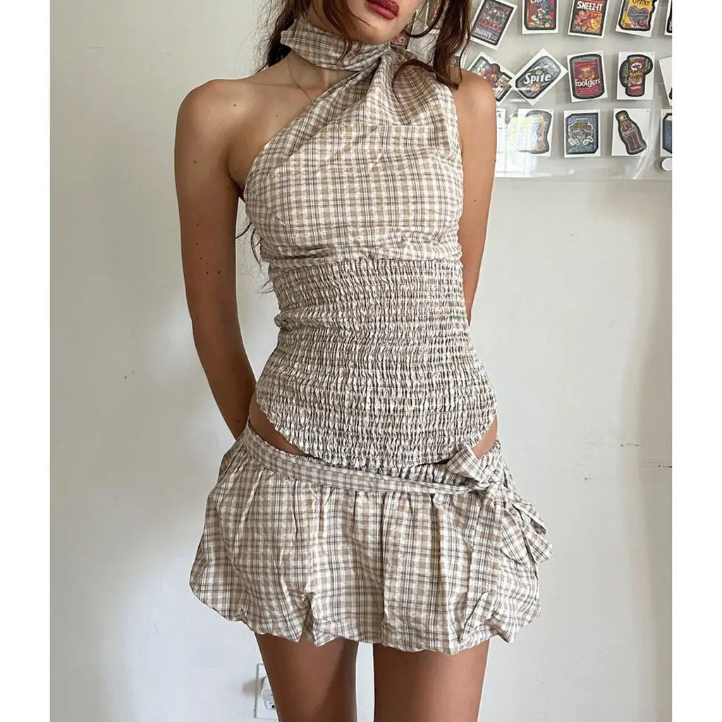 Combhasaki Womens Y2K Plaid/Dots Print 2Piece Outfits Set Halter One Shoulder Smocked Vest+Low Waist Mini Bubble Skirt with Belt