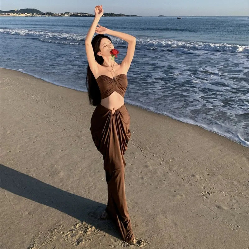 Desert Travel Vacation Suit Long Dress Sexy Pure Desire Tube Top Hip Skirt Island Wear Beach Skirt