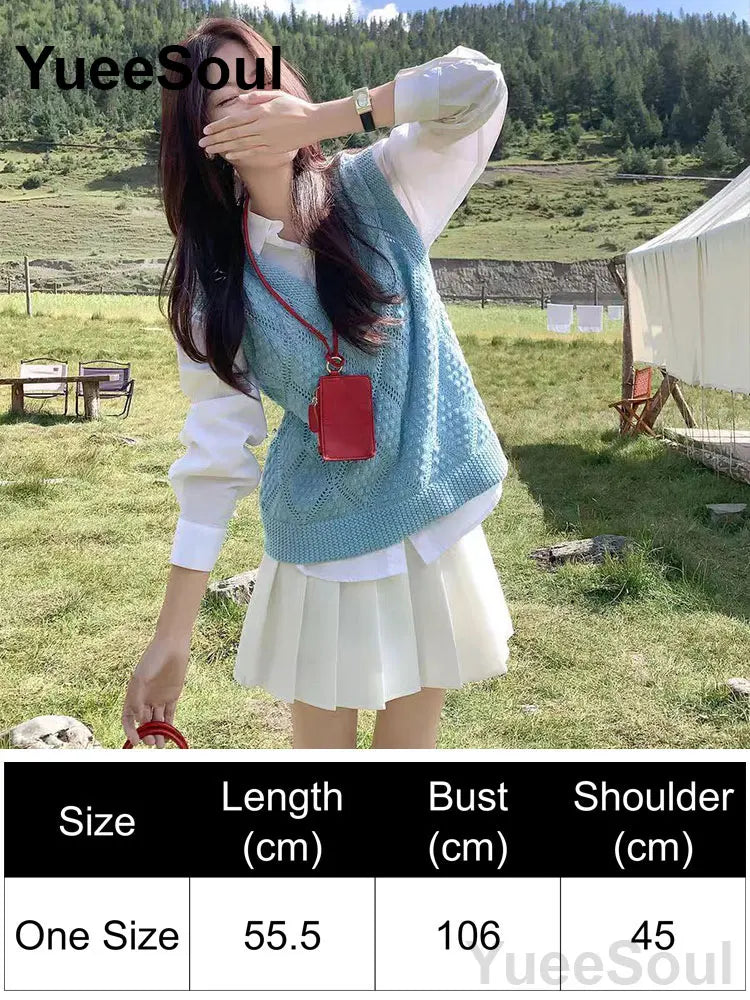 Blue Argyle Women's Vest Plaid Sleeveless Pullover Loose Knitted Sweater Vest 2026 New Autumn Y2K Casual Oversized Waistcoat