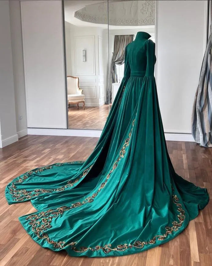 Hunter Green Velvet Muslim Arabic Caftan Prom Dresses Long Sleeve Embroidery Customsized Evening Gown Adyghe Festive Kaftan