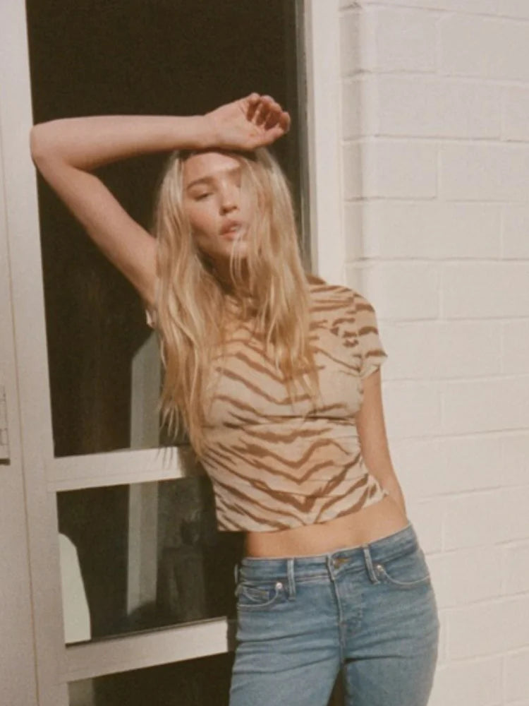 Sexy Leopard Print Mesh Slim T-shirt Women Chic Round Collar Short Sleeves Cropped Tops Summer 2026 Lady High Street Wear New