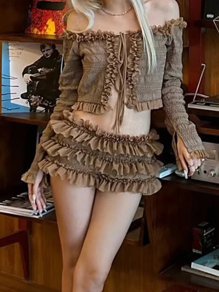 Korobov Y2k Sexy Summer Fashion Slash Neck Bandage Flare Sleeves Ruffles Sweet Streetwear T-shirt