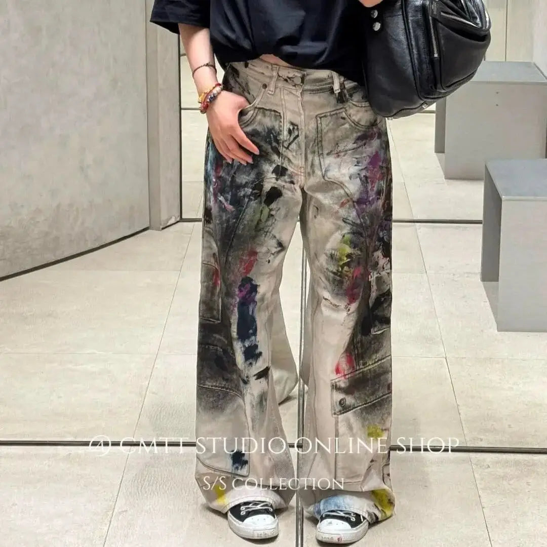 Vintage Graffiti Printed Jeans Women High Waisted Baggy Wide Leg Pants y2k Punk Trousers Fashion Pocket High Street Denim Pants