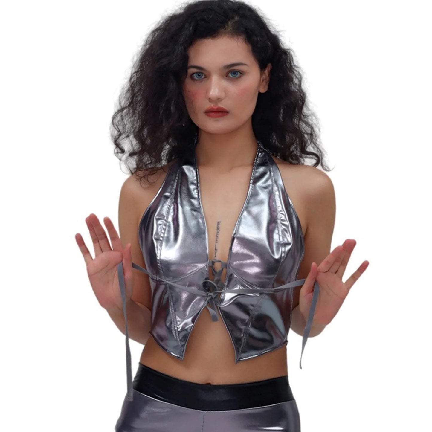 Women Glitter Tank Tops Sexy Backless Lace Up Party Club Metallic Shiny Crop Tops Low Waist Shorts Rave Festival Trendy Outfits