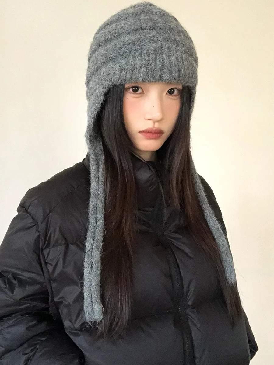 Grey Thickened Knitted Hat With Ear Protection For Women New Autumn And Winter Style Warm And Slimming Versatile Beanie