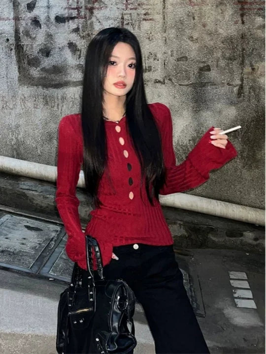 American retro spicy girl hollow hole knitted women's sweater autumn and winter Y2K retro slim fit women's tops millennium style