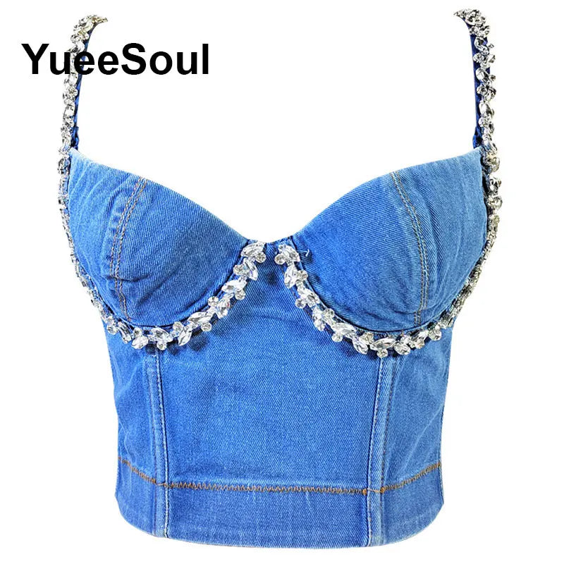 Denim Crop Tops Pearl Tassel Diamond Flower Blue Sleeveless Sexy Corset 2000s 2026 Summer New Y2K Party Evening Woman Clothes