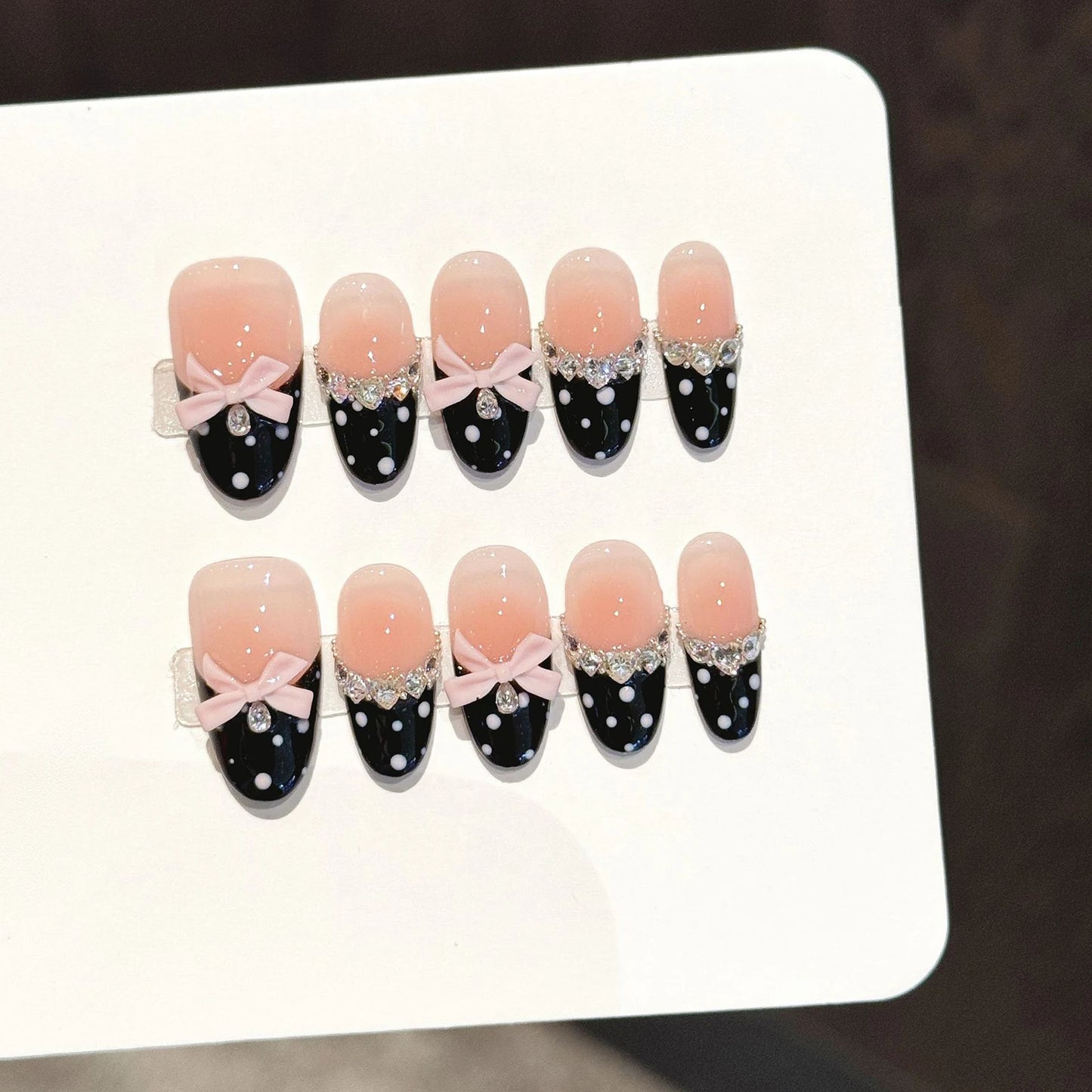 10pcs Sweet Stars Bow Handmade Fake Nails Press on Nails Gentle Cat's Eye Fake Nails French Tips Detachable Wedding False Nails