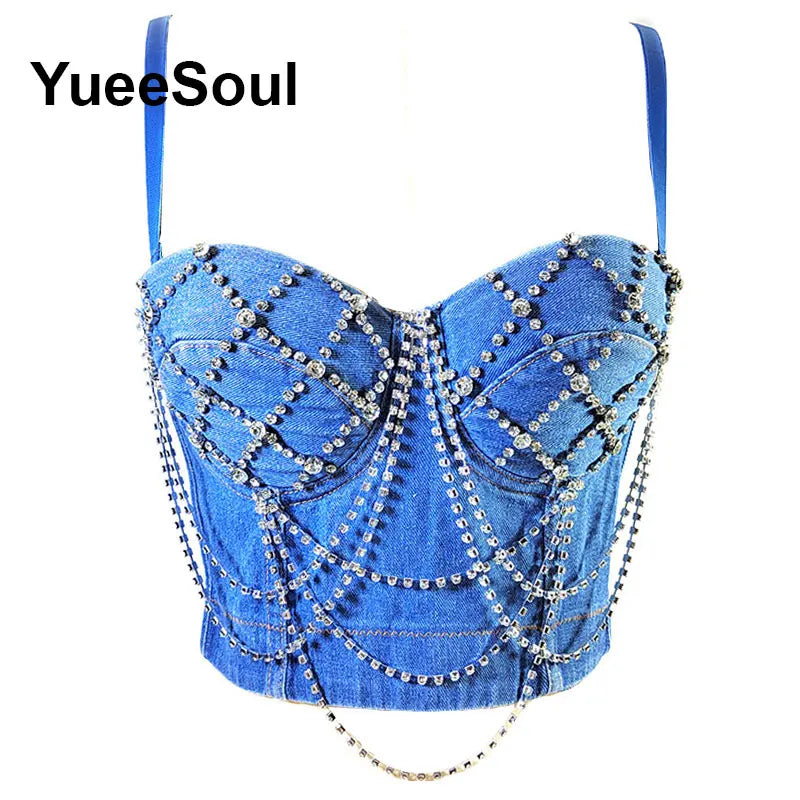 Denim Crop Tops Pearl Tassel Diamond Flower Blue Sleeveless Sexy Corset 2000s 2026 Summer New Y2K Party Evening Woman Clothes