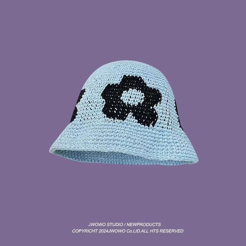 2023 Autumn New Crochet Korean Handmade Bucket Hat Women Weaving Knitted Hat  Fashion Flowers Autumn Winter Beanies Basin Cap