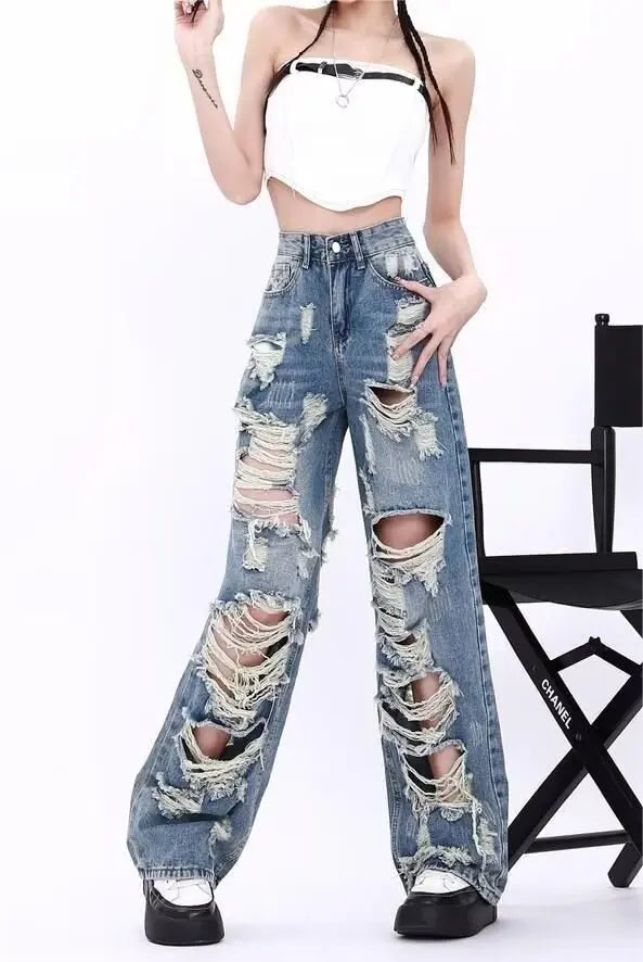 Ripped Jeans Women Summer 2024 Spring and Autumn New High Waist Slimming Straight Drape Small Wide Leg Pants Ins Fashion