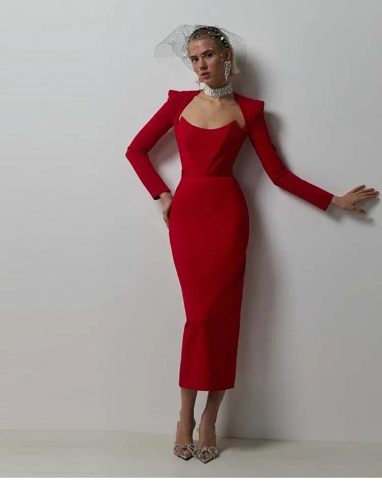 2025 Women Celebrity Sexy Long Sleeve Square Collar Rose Red Maxi Long Mini Bandage Dress Elegant Evening Club Party Outfit