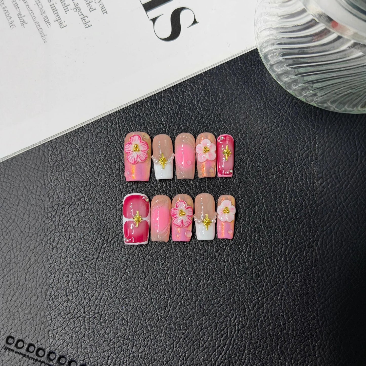 10pcs Dreamy Ocean Press on Nails 3D Flower Pearl Starfish Nail Art Gradient French False Nails Sweet Cool Square Fake Nails Tip