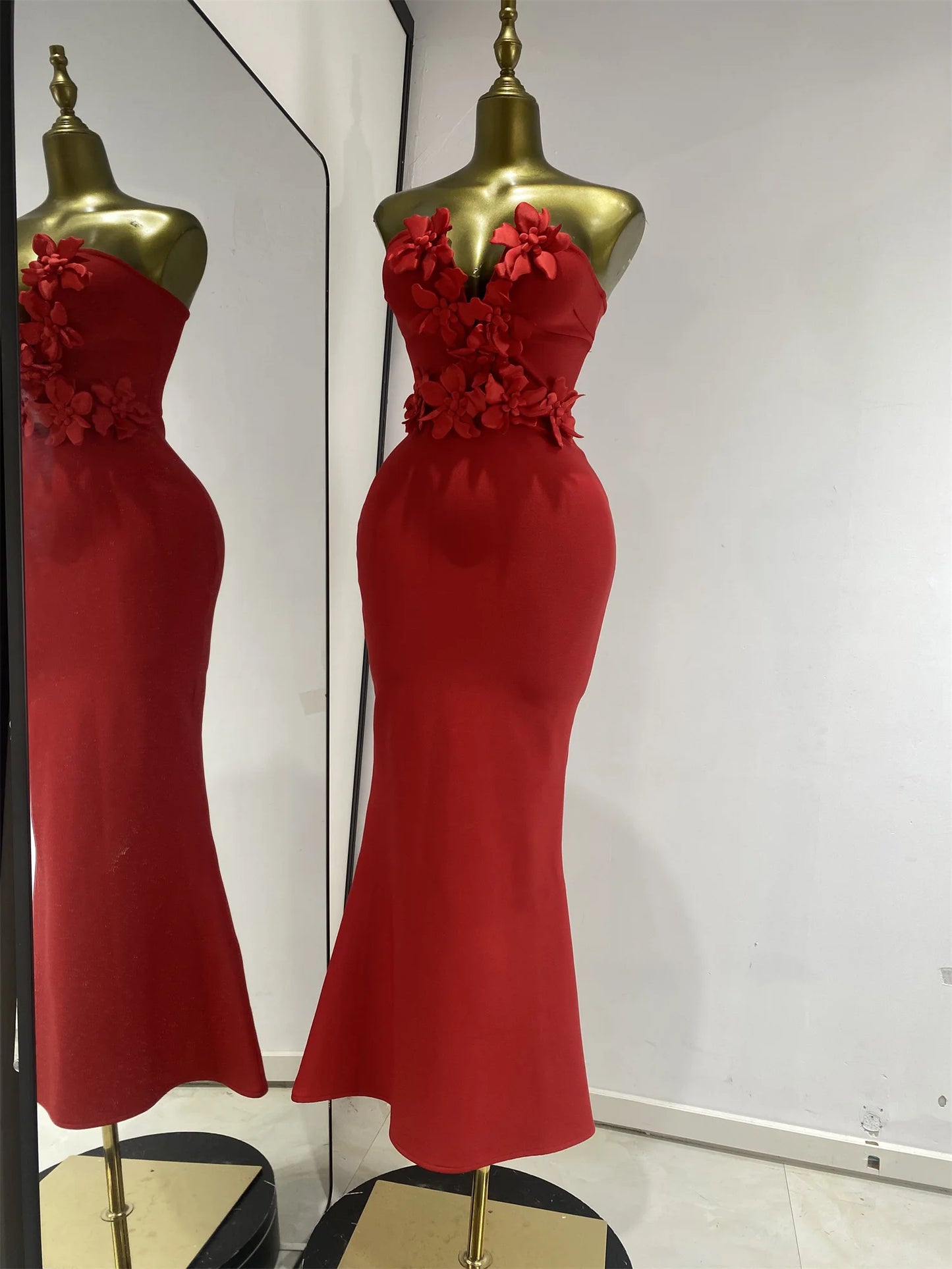 Strapless Deep V-Neck Floral Bodycon Long Mermaid Bandage Gala Dress | Inspired by Beren Saat