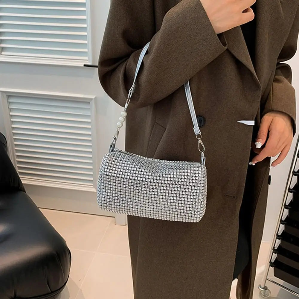 Allover Rhinestone Bucket Bag Waterproof All-match Women Crossbody Bag Mini Lightweight Glitter Chain Prom Purse for Ladies