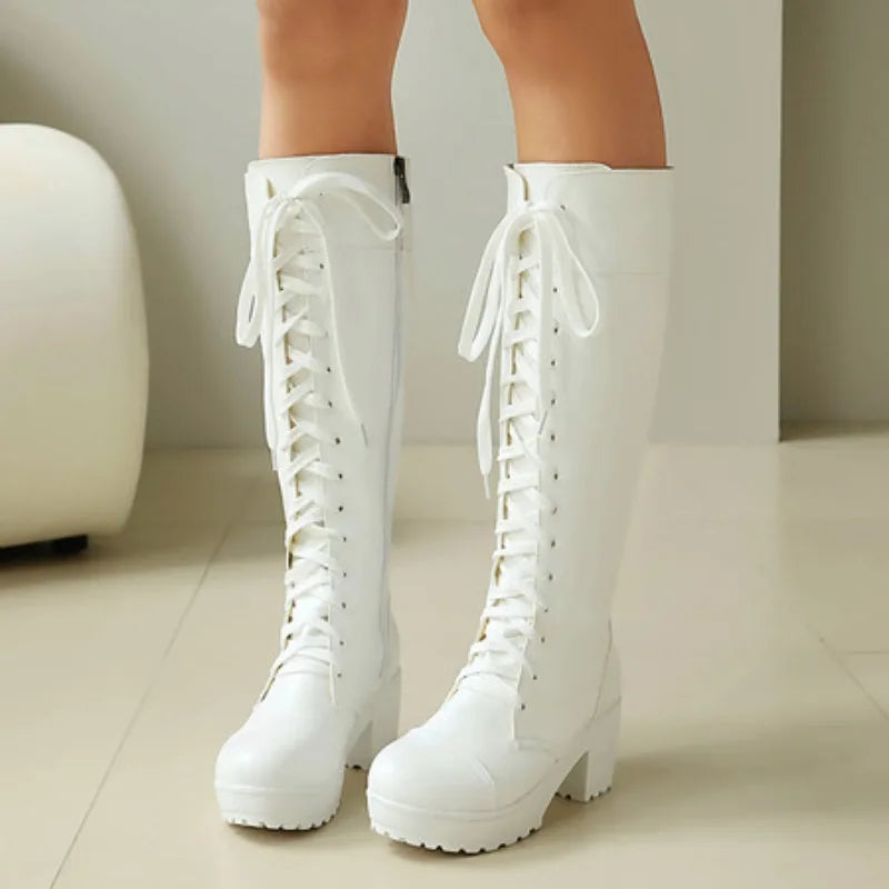 Women's Shoes Fashion Womens Knee High Boots Designer Lace Up Combat Boots Chunky Platform Goth Boots for Women Plus Size 34-48