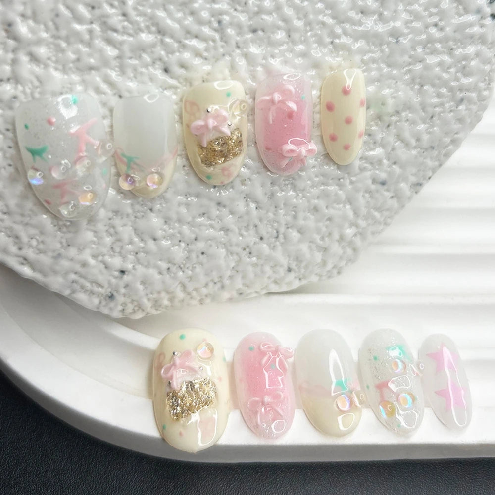 Cute Cheese Cherry Pink Handmade Press On Nails Bow Ice Cream Dreamy Hand-Painted Collection Fake Nails Removable Reusable
