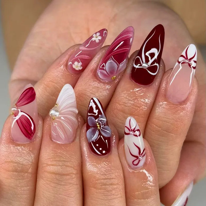 Almond 3D Flower Gradient Pearl Press-On Nails