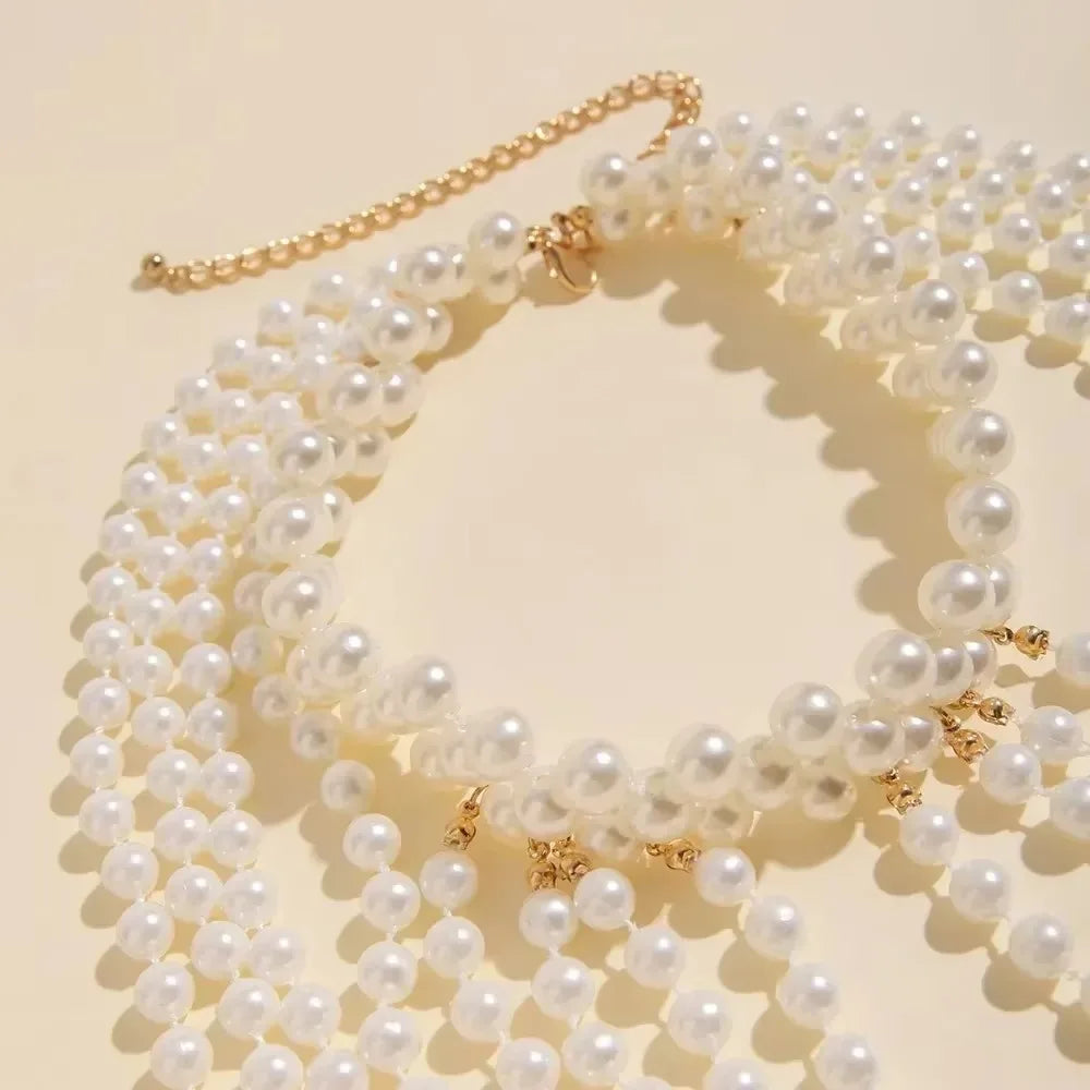 New Imitation Pearl Body Chain Beaded Collar Shoulder Big Necklaces Shawl Bridal Jewelry Sweater Long Chain Women Sexy Jewelry