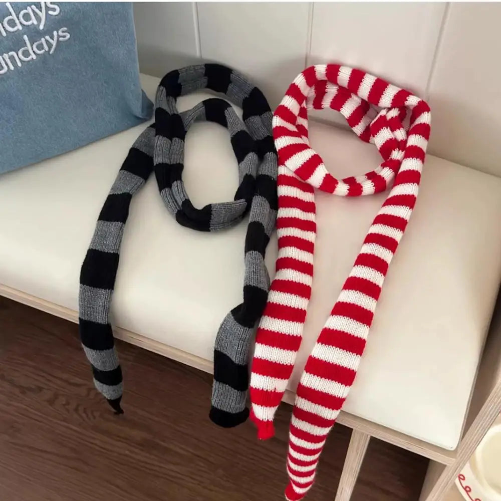 Korean Knitted Slim Long Scarf Y2K Harajuku Decorative Neckerchief Stripe Neck Women Narrow Long Scarf Choker Lady Accessories