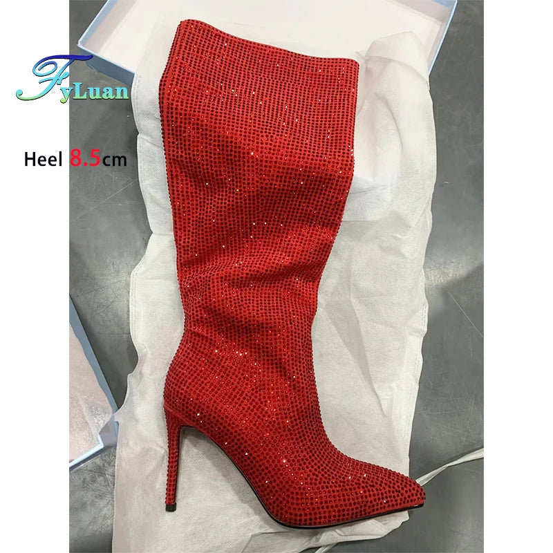 Gorgeous Rhinestones Boots Full Crystal Diamond Star Stage Shoes Women Pointy Knee-high 8.5CM Thin Heel Glitter Party Long Boots