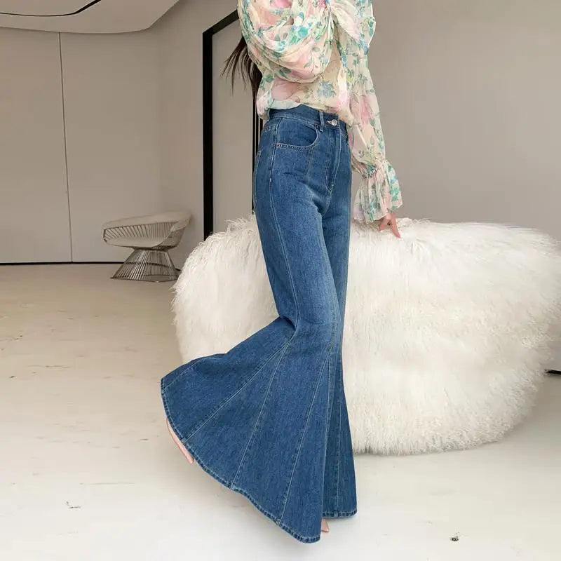 Retro Blue High-waisted Flared Slim-fitting Jeans New Mopping and Thin Fishtail Flared Pants Trousers