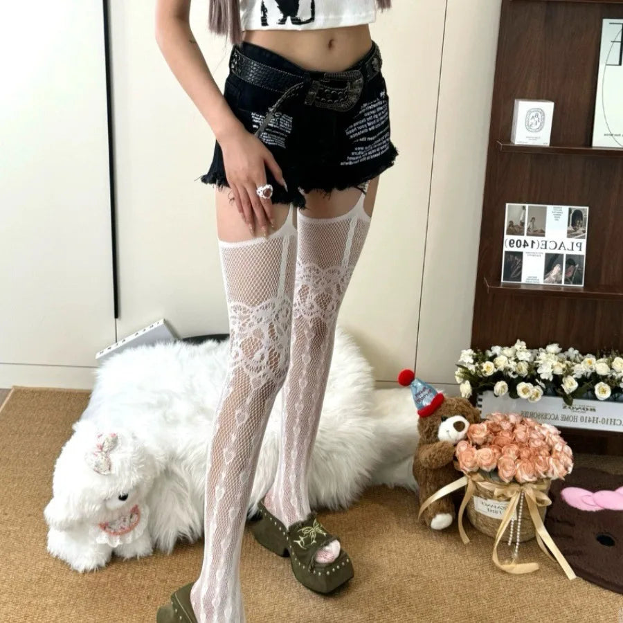 Women Hollowed Fishnet Garter Belt Pantyhose Spicy Girl Sexy Open Crotch Punk Heart Patterned Sheer Thigh High Suspender Tights#