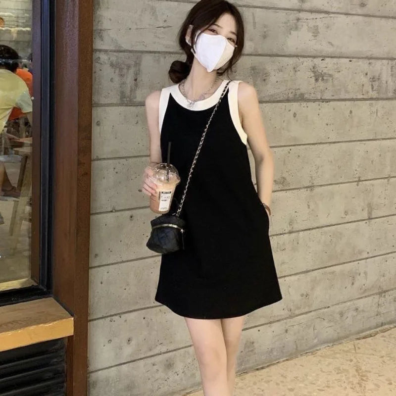 Dresses Women Patchwork Elegant Sleeveless Chic Mini Vintage Loose Korean Style Summer Simple Temperament Office Ladies Fashion