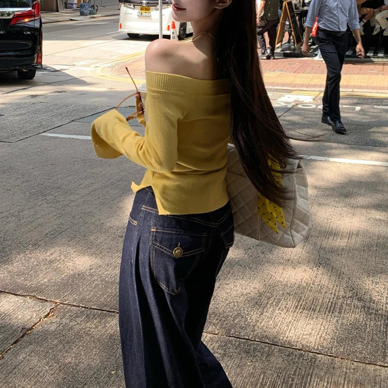 Elegant Long Sleeve Off-the-shoulder Knitted Sweater Women Pullover Bottoming Shirt Autumn Casual Office Simple Slim Fit Tops