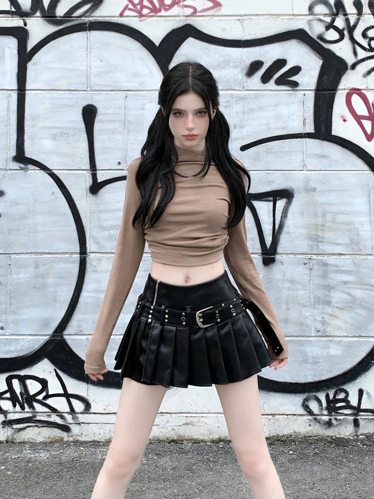 Gothic A-Line Pleated Leather Mini Skirt | Inspired by Özlem