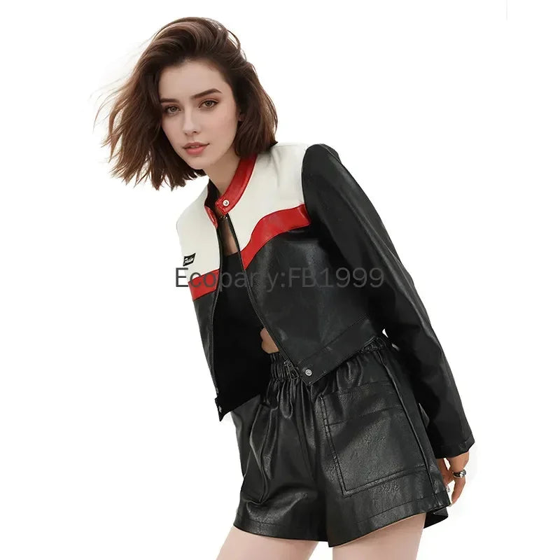 2024 Women Fashion Motorcycle Pu Leather Jacket Spring Autumn Vintage Punk Zipper Short Coats Female Casual Biker Coat Outwear