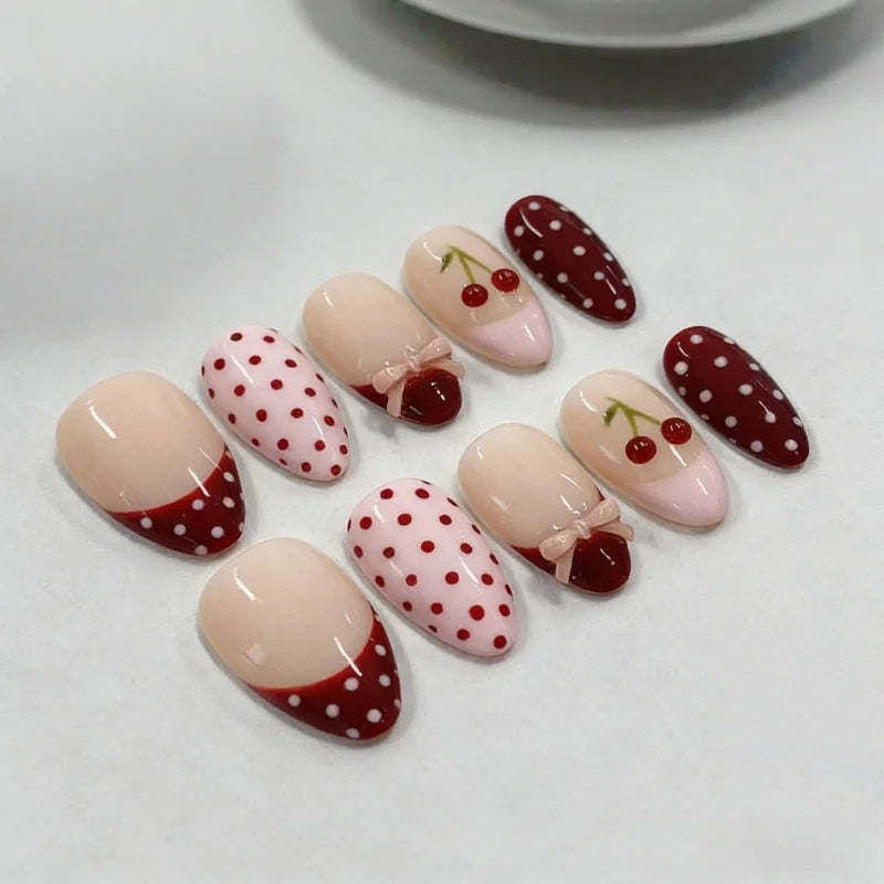 30Pcs Fake Nails Sweet Pink French Polka Dots Bows and Playful Cherries—Press-On Nails Perfect as Gifts for Girls and Friends