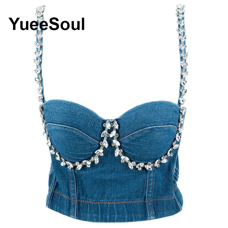 Denim Crop Tops Pearl Tassel Diamond Flower Blue Sleeveless Sexy Corset 2000s 2026 Summer New Y2K Party Evening Woman Clothes